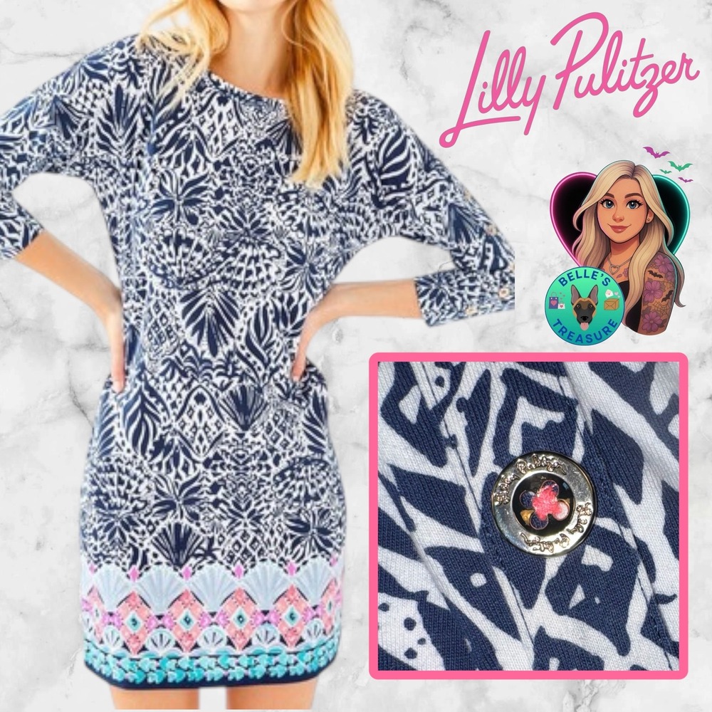 Lilly Pulitzer Vivvy Shift Shirt Dress Navy Pink Shell Gold Button 3/4 Sleeve XS